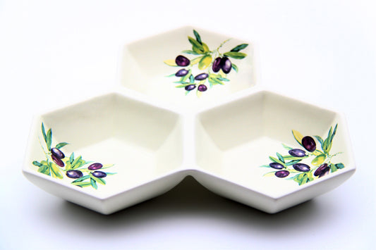 Ceramic Three-compartment Serving Dish | Olive Branch Design | Perfect for Appetizers & Decor
