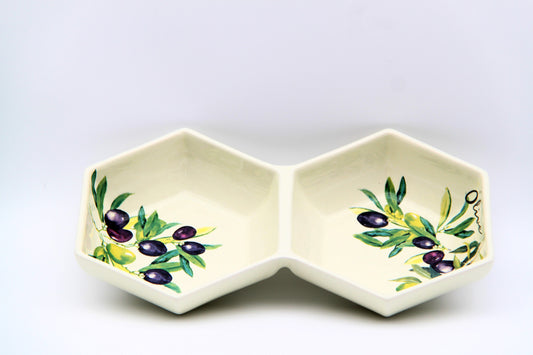 Ceramic Hexagonal Divided Dish | Olive Motif Design | Ideal for Snacks & Decor