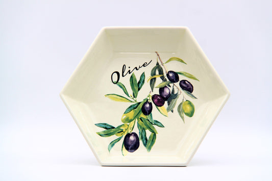 Ceramic Hexagonal Plate | Olive Branch Motif | Decorative & Functional | Ideal for Serving or Display