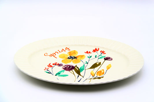 Cream Ceramic Dinner Plate with Flower Decal