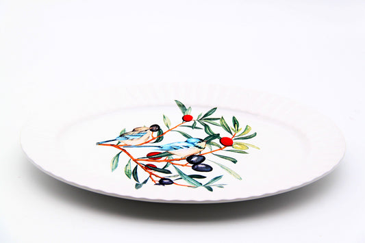 White Ceramic Dinner Plate With Decal-Ceramic Round Serving Plate | Bird & Floral Motif | Ideal for Decor & Light Meals