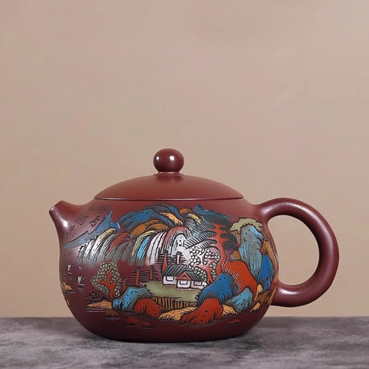 Elegant Red Zisha Pot with Colorful Artwork - Ideal for Tea Aficionados and Art Lovers