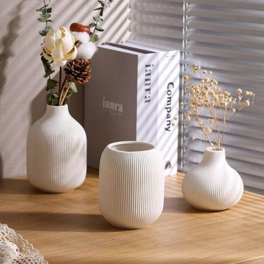 Set of 3 Minimalist White Ceramic Vases - Textured Design for Modern Home Decor