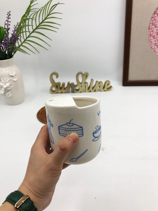 Cute Ceramic Straw Cup with Whimsical Blue Patterns - Ideal for Beverages and Snacks- Perfect for Kids and Adults