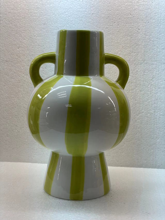 Handmade Ceramic Vase | Striped Green & White Design | Stylish & Artistic | Ideal for Flower Arrangements or Home Decor