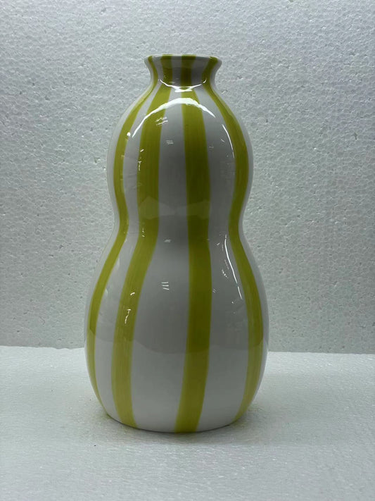 Handmade Ceramic Vase | Green & White Striped Pattern | Elegant & Artistic | Ideal for Floral Displays or Home Accent