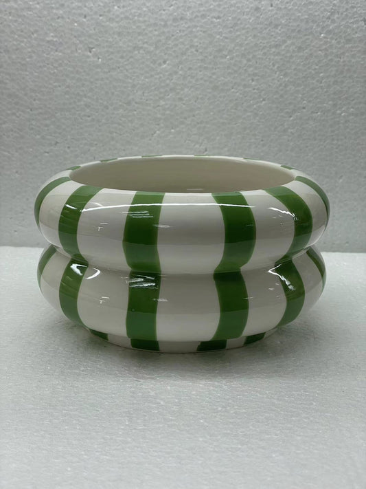 Handmade Ceramic Vase | Green and White Striped Design | Stylish & Functional | Ideal for House Decor