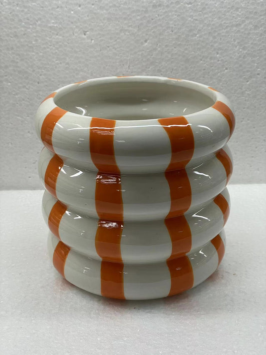 Handmade Ceramic Vase | Orange & White Striped Pattern | Elegant & Artistic | Ideal for Floral Displays or Home Accent