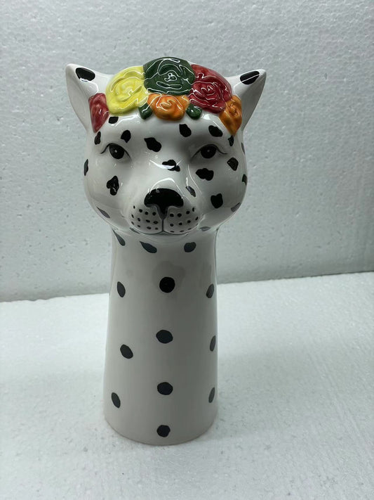 Handmade Ceramic Dalmatian - Head Vase | Polka Dot & Floral Design | Quirky & Decorative | Ideal for Small Bouquets or Home Display