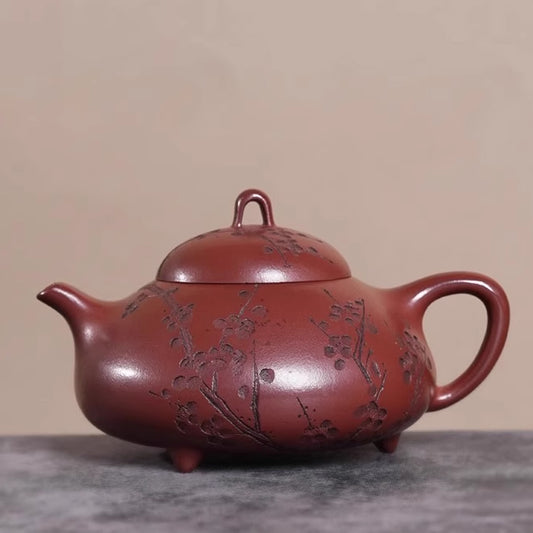 Distinctive Red Zisha Kettle with Ornate Floral Carvings - A Timeless Treasure for Tea - lovers