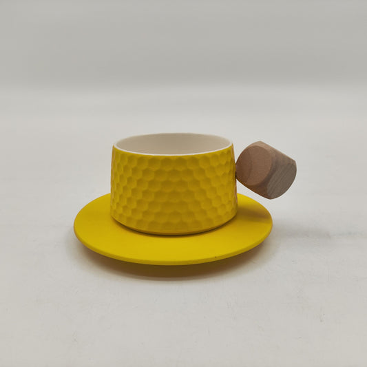 Vibrant Yellow Ceramic Cup and Saucer Set - Wooden Handle for Added Charm-- Honeycomb Texture for a Unique Touch