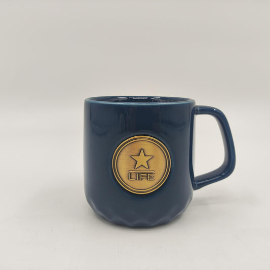 Sleek Navy Blue Ceramic Mug with Gold - Star Logo - Ideal for Coffee Lovers