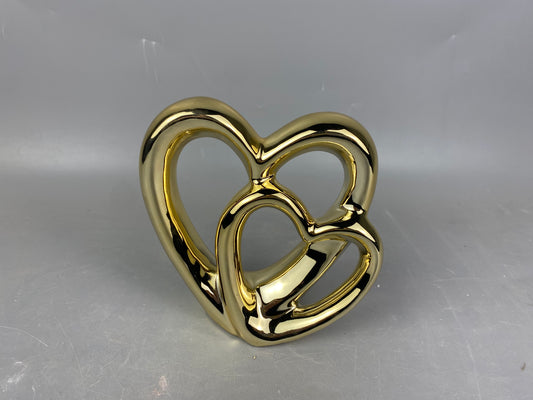 Ceramic Elegant Double - Heart Gold Decor Piece - Symbol of Love and Affection- Ideal for Home or Office Decoration