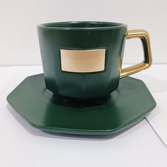 Premium Dark Green Ceramic Cup and Saucer Duo - Geometric Design for a Modern Aesthetic-Ideal for Coffee or Tea