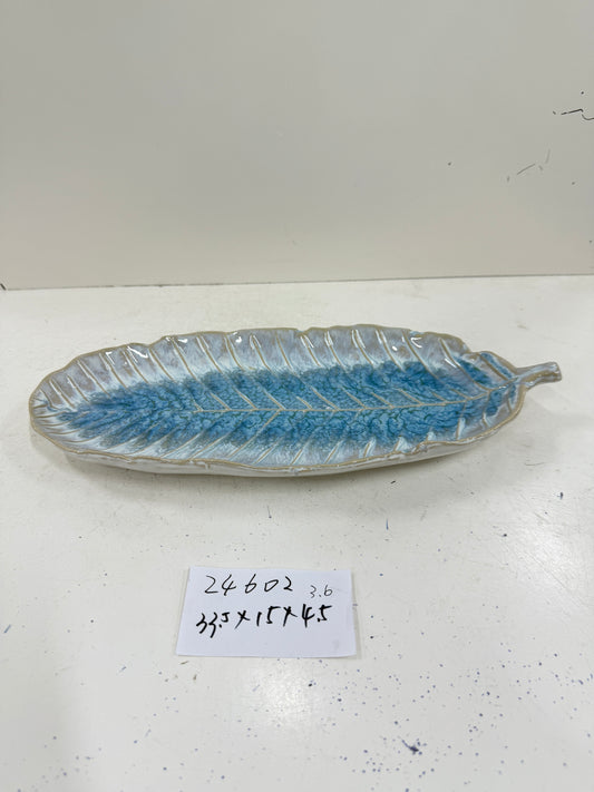 Handmade Ceramic Leaf - Shaped Dish | Blue Reactive Glaze Finish | Artistic & Decorative