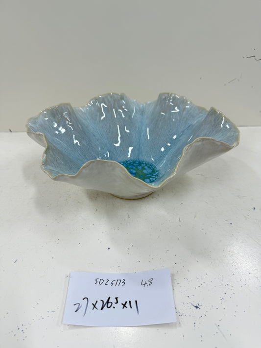 Handmade Ceramic Wave - Rimmed Bowl | Blue Glaze Finish | Artistic & Functional | Ideal for Fruit or Decor