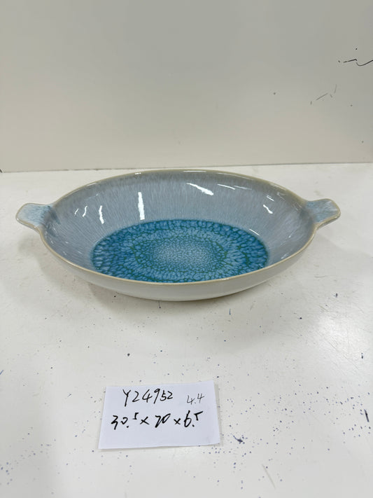 Handmade Oval Ceramic Dish with Handles | Blue Reactive Glaze  | Functional & Decorative