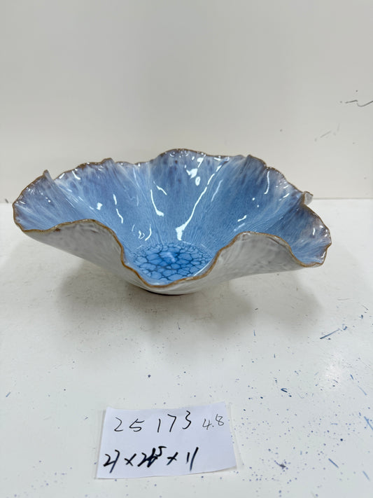 Handmade Ceramic Ruffled Bowl | Blue Reactive Glaze Finish | Artistic & Decorative | Ideal for Fruit or Home Display