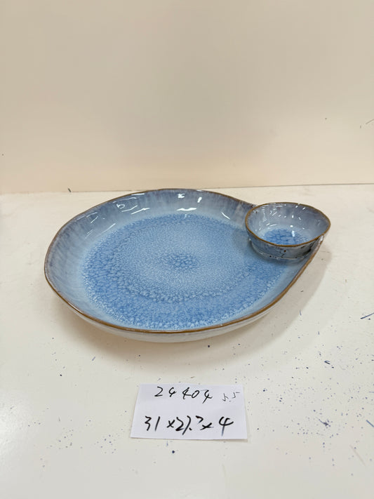Handmade Ceramic Oval Plate with Side Compartment | Blue Reactive Glaze Finish | Practical & Decorative | Ideal for Main Dishes & Condiments