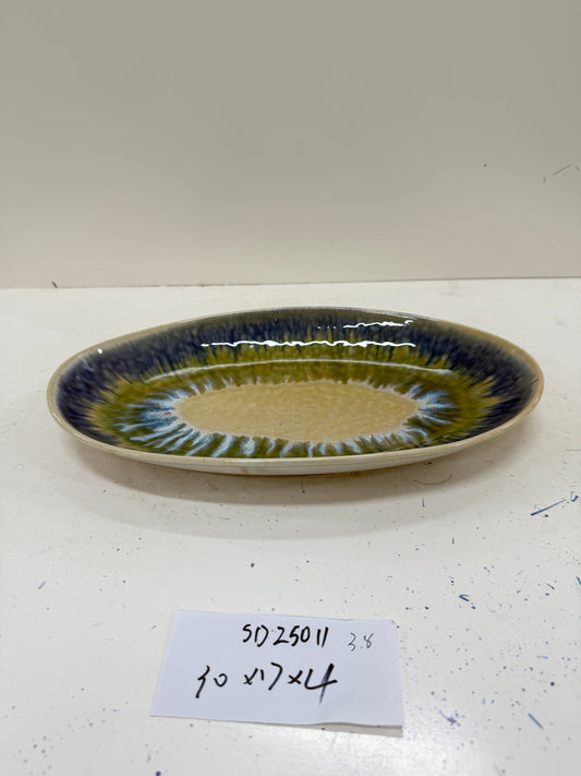 Handmade Oval Ceramic Plate | Blue - Green Reactive Glaze Pattern | Artistic & Functional | Ideal for Side Dishes or Decor