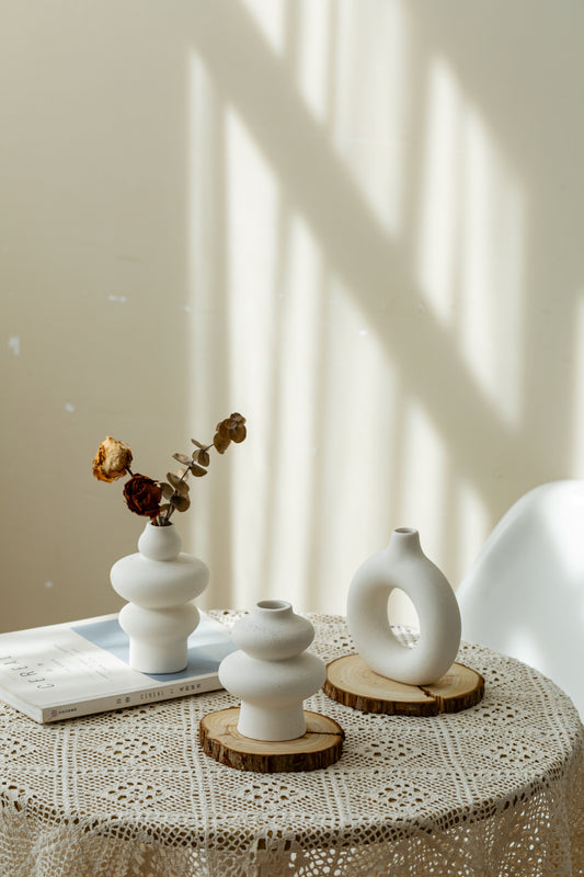 Set of 3 Minimalist White Ceramic Vases - Unique Shapes for Home Decor