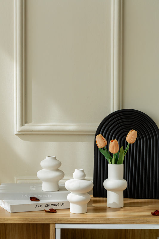 White Ceramic Vase Set of 3, Small Flower Vases for Pampas Grass, Modern Boho Vases for Decor, Round White Vases Centerpieces for Wedding Living Room Bedroom Coffee Table Dinner Table
