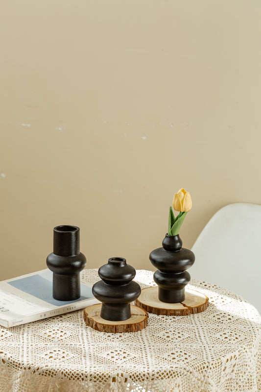 Black Ceramic Vase Set of 3, Small Flower Vases for Pampas Grass, Modern Boho Vases for Decor, Round Black Vases Centerpieces for Wedding Living Room Bedroom Coffee Table Entryway