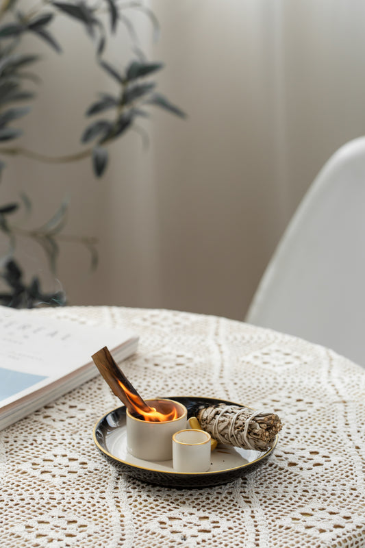 4 in 1 Incense Burner Holder, Palo Santo Holder, Sage Holder for Burning, Incense Holder for Sticks, Candle Holder, Ceramic Ash Catcher Tray for Meditation Yoga Room Home Decor