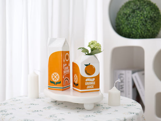 Unique Ceramic Vase in Milk Carton Style - Orange and White Finish - Perfect for Displaying Small Bouquets